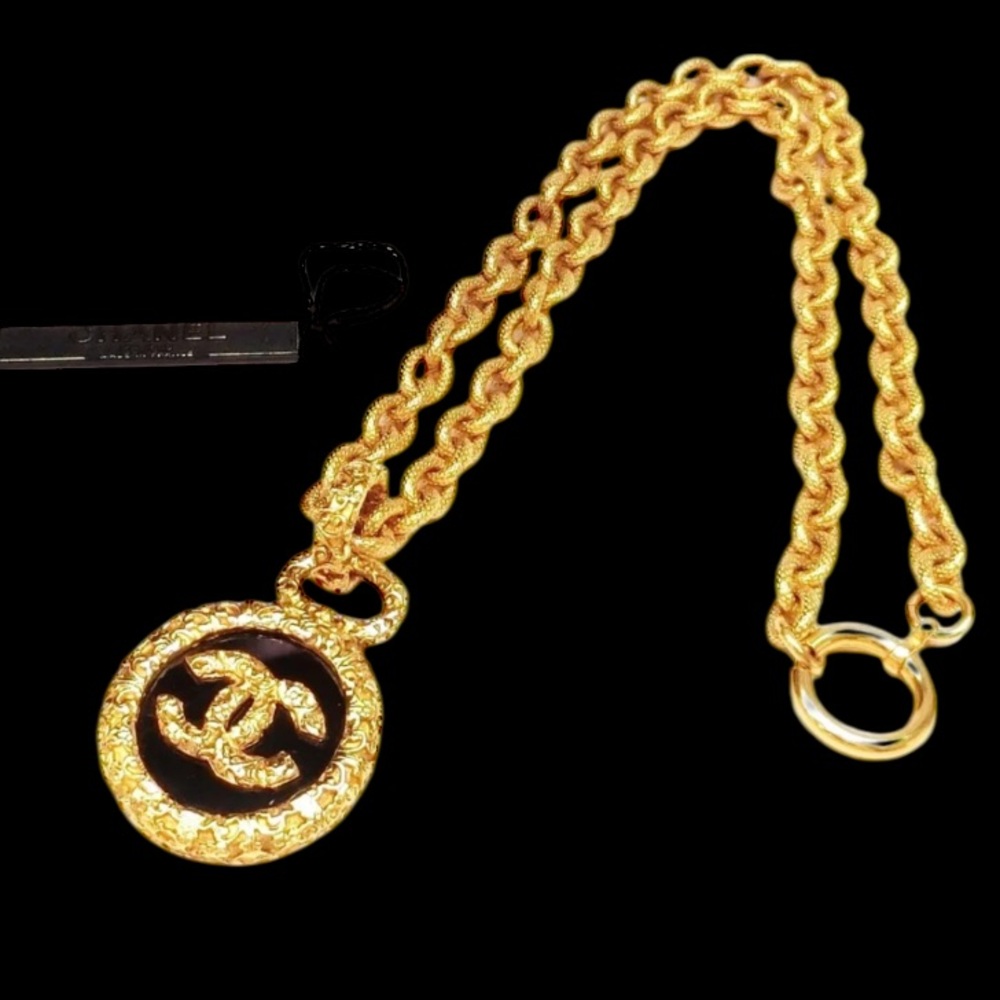 CHANEL Vintage Lava Gold Plated and Black CC Logo Necklace